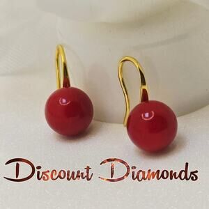 Coral Red South Sea Shell Pearl 8mm Earrings 14K Yellow Gold over 925 Silver